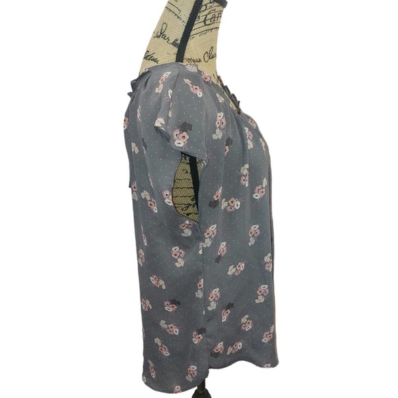 Lauren Conrad Gray and Pink Floral Cap Sleeve XL Blouse workwear tie back - Picture 2 of 6